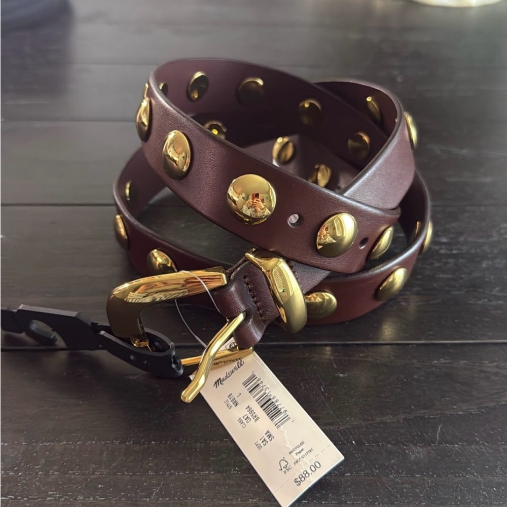 Madewell Brown Leather Studded Belt with Gold Hardware